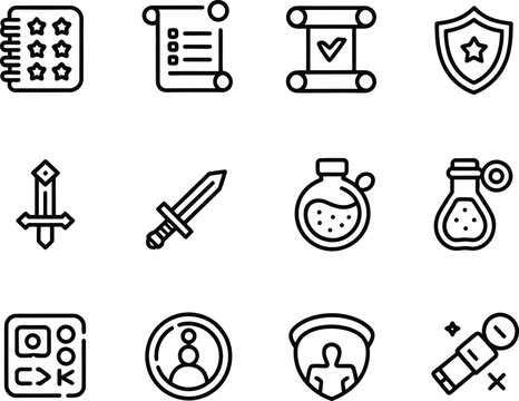 Collection of fantasy game icons including swords potions shields and scrolls