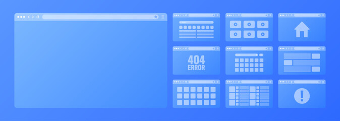 Fototapete - Web browser window, transparent pages layout with toolbar and search field. Modern website, internet page. Browser mockup for computer, tablet and smartphone. Adaptive UI. Vector illustration