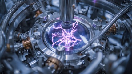 Poster - Complex machinery manipulates a glassy carbon nosecone within a vacuum chamber, surrounded by metallic fixtures, sensors, and a mesmerizing plasma glow