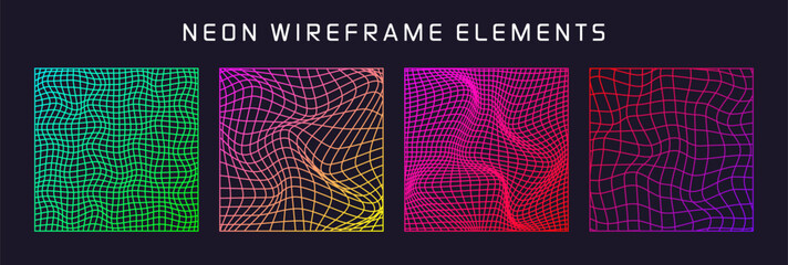 Colorful wireframe shapes, lined perspective mesh, 3d grid. Low poly geometric elements. Retro futuristic design elements, y2k, vaporwave and synthwave style. Vector illustration