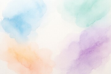 Poster - Soft watercolor abstract background with pastel color clouds in blue, peach, green, and purple on bright paper texture. Ai generative. Ai generative