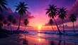© USAMA - A serene beach scene at sunset, featuring silhouettes of palm trees against a vibrant sky. The sky is painted in shades of pink, purple, and orange, reflecting on the calm water. Gentle waves lap at t