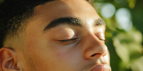 Poster - Close-up of a Man's Face with Eyes Closed in Sunlight