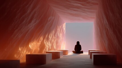 Poster - Tranquil meditation space carved from salt with glowing walls at dusk