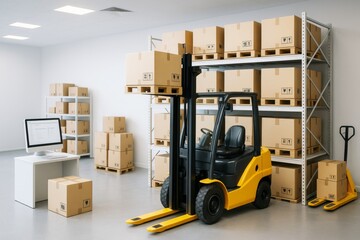 Poster - Yellow forklift moving boxes in modern warehouse with shelves and computer workstation on clean light background. Industry logistics concept. Ai generative