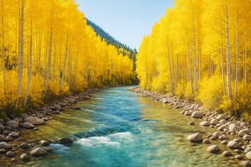 Poster - Serene autumn river landscape with bright golden-yellow trees and rocky shoreline under clear blue sky in vivid natural light setting. Ai generative. Ai generative