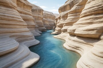 Poster - Abstract canyon landscape with smooth layered rock formations and clear blue river under soft daylight in surreal natural background scene. Ai generative