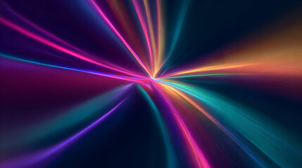 Poster - Dynamic multicolored light trails radiating from a central point create an abstract and vibrant futuristic background with glowing energy beams that