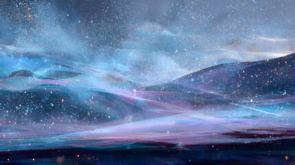 Poster - Ethereal Landscape Art with Celestial Glow and Mountain Silhouette Cosmic Dreamscape for Backgrounds and Creative Projects Inviting a Sense of