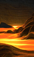 Poster - Abstract glowing landscape with textured lines creating a warm gradient from dark to bright orange flowing across the scene creating a stunning