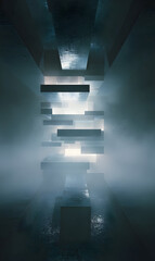 Poster - Abstract geometric forms create a light filled tunnel of minimalist contemporary architecture with a foggy atmosphere generating a sense of depth