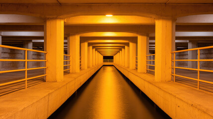 Concrete columns line the sides of an underground corridor with warm lighting. Architecture, geometric symmetry