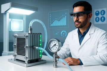 Poster - Scientist analyzing hydrogen fuel cell efficiency data in futuristic lab environment with digital interface and pressure gauge on table. Ai generative