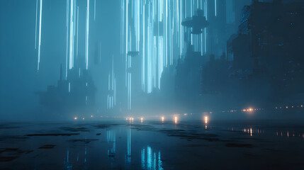 Poster - Futuristic metropolis cityscape with luminous neon streams and water reflections showcasing a high tech cyberpunk urban environment in a science