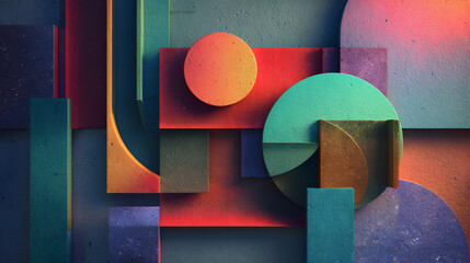 Poster - Geometric Harmony Composition Abstract Art with Vibrant Concrete Textures Circles Squares Rectangles and Bold Color Palettes Creates a Visually