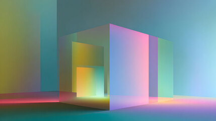 Poster - Abstract holographic room interior with gradient geometric shapes ethereal glow and soft pastel colors creates serene atmospheric modern minimalist
