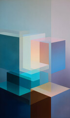 Poster - Abstract composition with transparent cubes intersecting on a soft gradient background creating an ethereal and modern geometric design visual