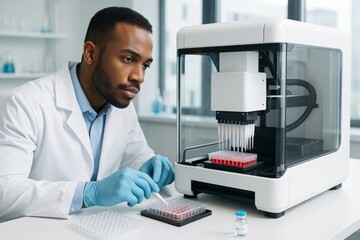 Poster - Scientist in lab coat using pipette robot for liquid handling on microplate in modern laboratory with bright background and medical equipment.. Ai generative