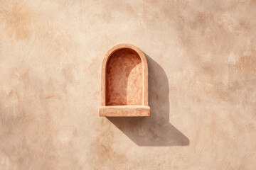 Aufkleber - Arched niche wall shelf in faded dusty pink stucco creates minimalist and elegant accent, casting soft shadow on textured plaster background, evoking calm and serenity
