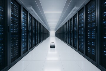 Poster - Futuristic robot navigating high-tech server room with glowing lights and modern ceiling structure on a clean, reflective white floor background. Ai generative