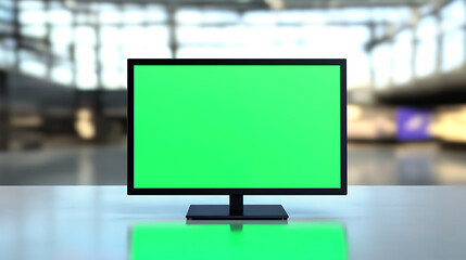 Fototapete - Green Screen Display: Isolated monitor with green screen on desk, perfect for virtual backgrounds or media replacement, versatile template for creatives.