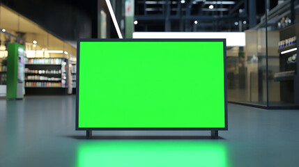 Fototapete - A green screen display stands in a modern retail space, ready for digital content. Perfect for advertising or information in a shopping environment.