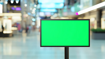 Fototapete - Digital signage with green screen in busy mall. Modern communication concept. Customizable content, perfect for advertising and information display.