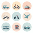 © Ilham - Flat icons of various transportation methods, including a van, bicycle, ferry, bike, scooter, airplane, bus, and gas pump.