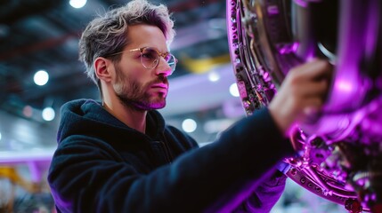 Poster - Young technician works on aircraft engine in modern workshop during evening hours