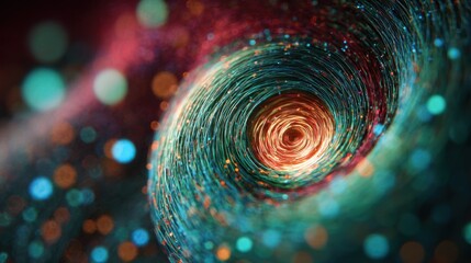 Poster - Intricate spiraling patterns emerging from tightly wound submicron fiber laser, revealing glowing core and vibrant beam with dynamic light energy pulsing through advanced optical technology