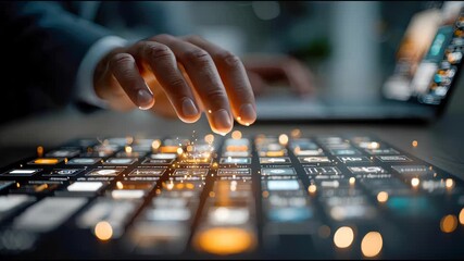 Poster - A close-up of a businessman hand interacting with glowing digital data icons on a futuristic touchscreen interface with dynamic golden sparks