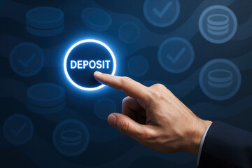 Poster - deposit button hand press and glowing create a modern finance concept with coins and check marks