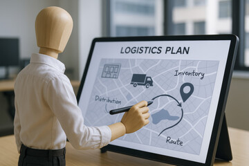 Poster - Logistics plan inventory distribution route annotate mannequin stylus tablet map delivery manage strategy tracking freight cargo business process network technology
