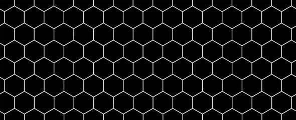 Poster - Black and white hexagonal technology vector abstract background. white bright energy flashes under hexagon in modern technology futuristic background illustration. Dark gray honeycomb texture grid.