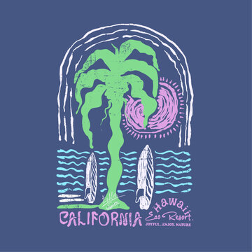 summer slogan typography. Hand Drowning palm tree sunset graphics. hand writing text print. minimal simple art foot tee. surf club in California, women's men's kids girls boys t shirt design.