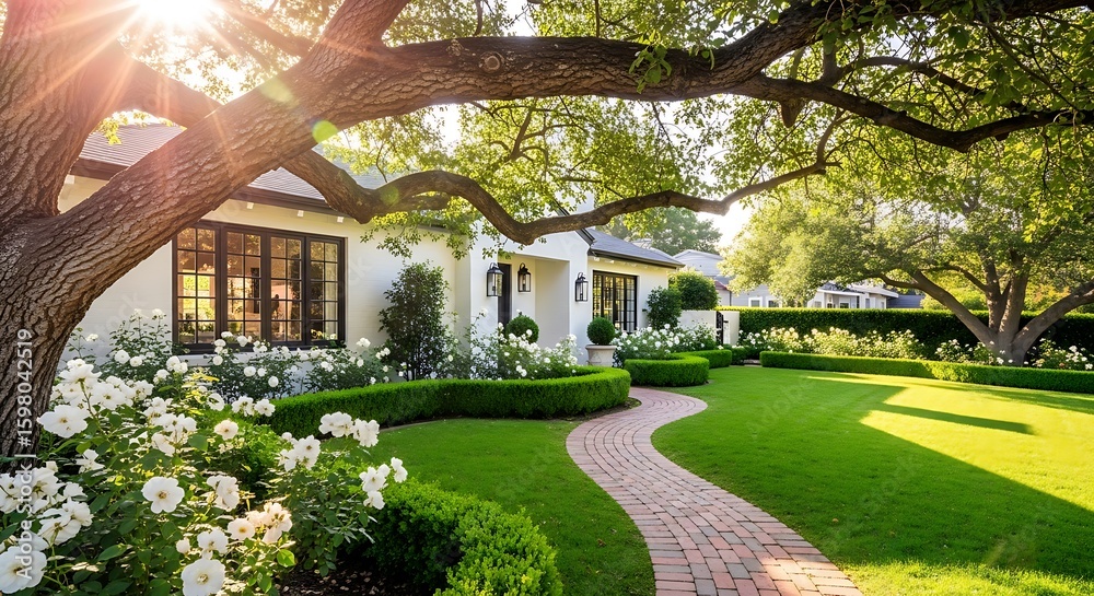 Sunlit garden path leads to a charming white house with lush ...