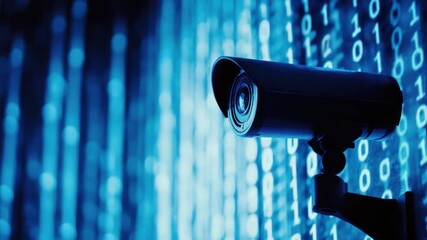 Poster - Security Camera Monitoring Digital Data with Binary Code in Background for Cybersecurity Conceptual Image 4k video footage