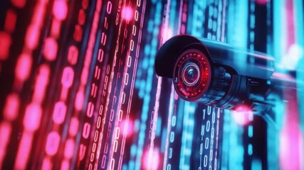 Poster - High-Tech Security Camera Monitoring Digital Data Streams in Futuristic Cyber Environment 4k video footage