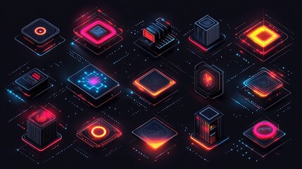 Minimalist AI chip icon set, using smooth geometric lines and gradient colors, designed in a modern flat style, scalable vector graphics.