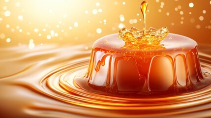 Wall Mural - golden liquid pouring onto a glossy surface, creating ripples and splashes.