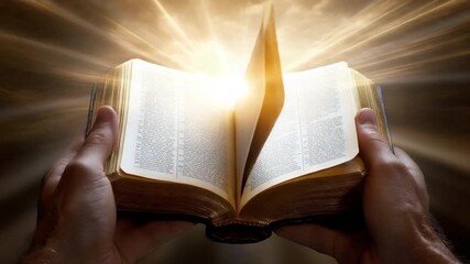 Poster - Open Book with Illuminating Light Symbolizing Knowledge and Wisdom from Classic Literature in Hands 4k video footage