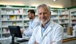 © 晨 晨 - Pharmacist in a pharmacy with shelves of medications and another person working in the background.