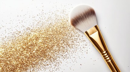 Wall Mural - gold makeup brush with glitter on white background.