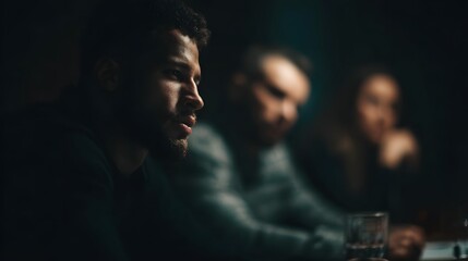 Poster - A team of professionals engages in a serious meeting about a brand strategy presentation  long title A group of focused individuals deeply engaged in