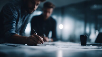 Poster - Team preparing a brand strategy presentation in a planning meeting with focused lighting