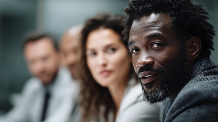 Poster - A diverse team discusses campaign ideas around a conference table  long title A diverse group of professionals engaged in a focused discussion around
