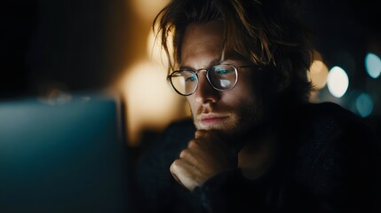 Poster - A focused woman working diligently on a computer in a dimly lit office