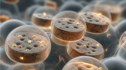 Poster - Microscopic view of nanocellulose aerogels gradually integrating with porous cork discs inside transparent pressurized chambers, simulating advanced material science research