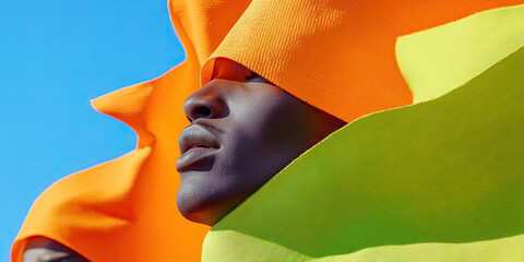 Poster - Portrait of a Person Partially Covered by Orange and Lime Green Fabric