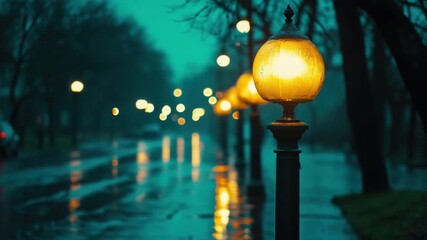 Poster - Warm Glow of Street Lamps Reflected in Rainy Pavement in a Nighttime Urban Scene 4k video footage